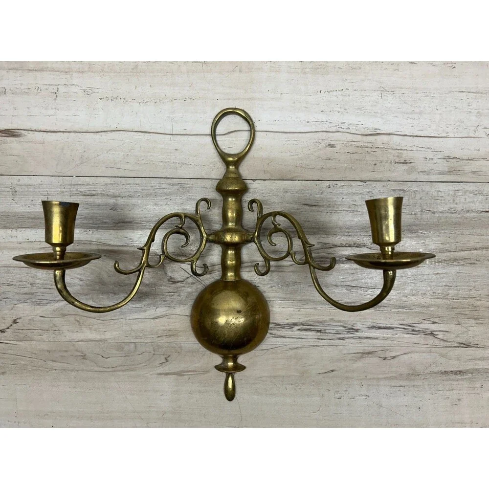 Vtg Solid Brass Double Arm Wall Sconse Candle Holder Dutch Colonial Style